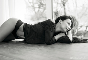 Angelina Petrova, women, model, on the floor, belly, panties, monochrome, looking away