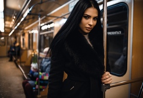 Viktoria Efremycheva, women, portrait, depth of field, black hair, metro