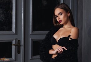 Yulia Bonia, women, tanned, portrait, black lingerie