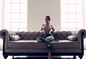 women, couch, bra, looking away, sitting, pants, torn jeans, high heels, window