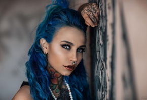 Fishball Suicide, Felisja Piana, women, tattoo, nose rings, dyed hair, blue hair, depth of field, face, portrait, Alessandro Di Cicco, piercing