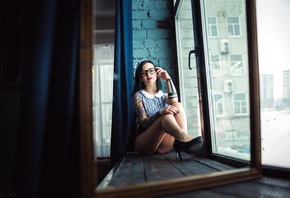 women, tanned, glasses, tattoo, window, portrait, ass, sitting, high heels