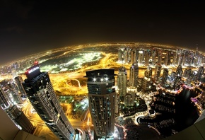 небоскребы, высотные, освещение, дома, панорама, Dubai, город, высотки, огн ...