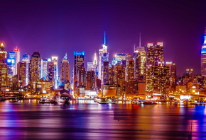 небоскребы, city skyline, WTC, панорама, город, огни, New York city, skylin ...
