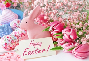 Пасха, Easter, праздник, цветы, тюльпаны, декорация, яйца, фигурка, кролик, ...