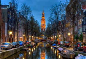 Нидерланды, Амстердам, канал, вода, дома, машины, башня, вечер, улица