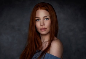 women, face, portrait, simple background, redhead, blue eyes