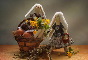 корзинка, яйца, ветки, верба, цветы, игрушки, зайцы, Пасха