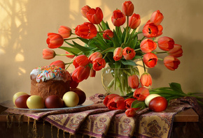 столик, шарф, натюрморт, still life, ваза, цветы, тюльпаны, тарелка, яйца,  ...