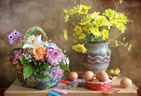праздник, Пасха, Easter, корзина, ваза, цветы, яйца, украшения, декор, игру ...