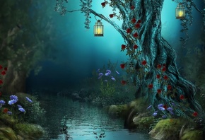  roses, night, , forest, Fantasy, red roses, nature, river, lamps, f ...