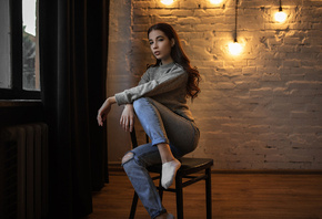 women, sitting, chair, pants, jeans, torn jeans, socks, portrait