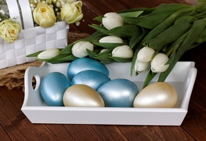 праздник, Пасха, Easter, цветы, тюльпаны, корзина, поднос, яйца
