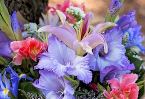 цветы, гладиолус, лилии, букет