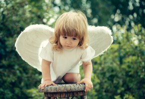 ребёнок, девочка, малышка, платье, крылья, ангел, табурет, природа
