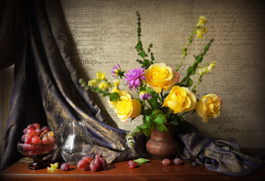 натюрморт, полка, ваза, букет, цветы, розы, георгин, мята, штора, ткань, ва ...