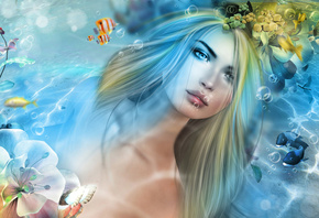 3D, графика, девушка, блондинка, вода, пузыри, рыбки, дельфины, цветы, бабочки