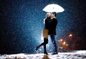 парень, девушка, влюбленные, под зонтом, снег, ночь
