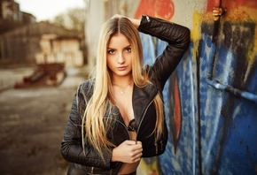 women, blonde, portrait, black bras, leather jackets, depth of field