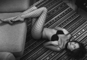 women, top view, couch, black lingerie, on the floor, fishnet lingerie, fishnet stockings, belly, monochrome, pierced navel, ass