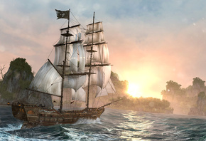 ночь, корабль, остров, Black Flag, Assassin Creed IV