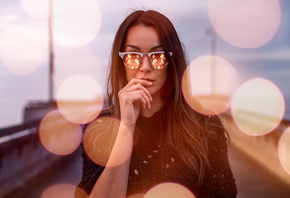 women, portrait, face, depth of field, finger on lips, sunglasses, reflecti ...