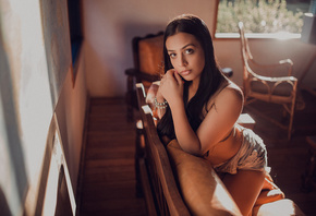 women, tanned, couch, jean shorts, kneeling, portrait