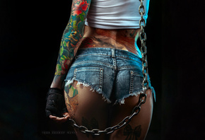 women, chains, ass, tanned, tattoo, back, black background, gloves, jean sh ...