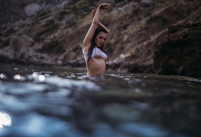 women, water, depth of field, wet body, portrait, wet hair, armpits, arms u ...