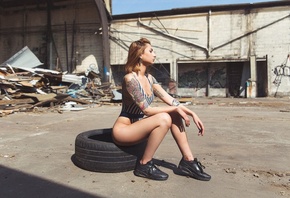 women, blonde, sitting, brunette, sneakers, tattoo, leotard, monokinis, tire, ass, women outdoors, black nails