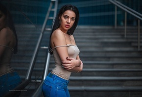 women, portrait, pants, stairs, brunette, nipple through clothing, reflection, jeans, arms crossed