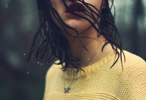 girl, brunette, hair, wet, rain, water