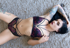 women, top view, brunette, lying on back, belly, tattoo, lingerie, pierced navel, armpits, see-through clothing