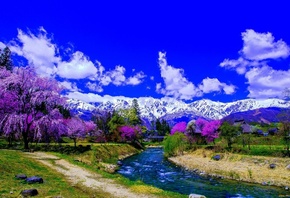 Природа, пейзаж, весна, река, горы, деревья, облака