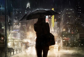 девушка, зонт, ночь, городские огни, мегаполис