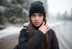 women, snow, portrait, depth of field, women outdoors