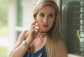 women, blonde, face, portrait, looking away, depth of field, choker, gray eyes, reflection