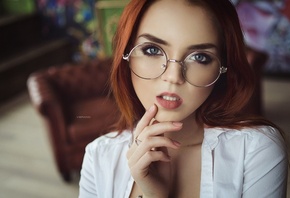 Ekaterina Sherzhukova, women, Nikolas Verano, glasses, portrait, redhead, f ...