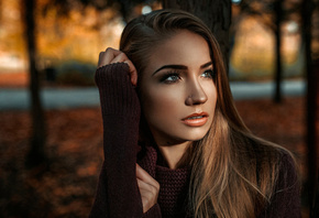 women, blonde, portrait, Damian Piorko, looking away, depth of field