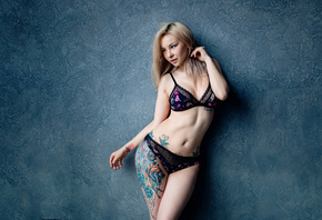 women, blonde, lingerie, belly, pierced navel, portrait, hips, looking away, tattoo, wall, see-through clothing