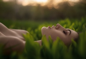 women, depth of field, grass, closed eyes, women outdoors, boobs