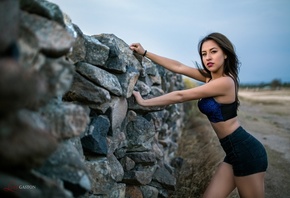 women, portrait, jean shorts, belly, brunette, women outdoors, Luis Gaston, bra