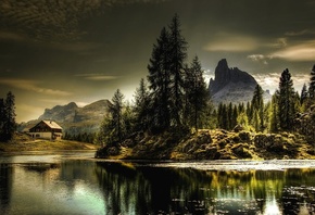 Италия, природа, пейзаж, озеро, Lago Federa, горы, доломиты, деревья, дом