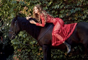 , , , , ,  ,  , horse, girl, blonde, foliage, model, red dress, gigi hadid