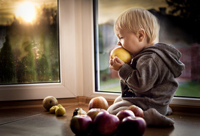 iwona podlasinska, ребёнок, малыш, мальчик, окно, подоконник, яблоки