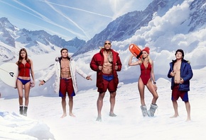 cinema, shorts, snow, movie, tatoo, The Rock, Dwayne Johnson, swimsuit, Zac Efron, film, bikini, chest, thigh, jacket, surfboard, muscular, Alexandra Daddario, Priyanka Chopra, montain, lifeguard, Baywatch, Mitch Buchannon, Matt Brody, Summer Quinn, Kelly