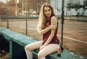 women, portrait, blonde, T-shirt, shorts, sitting, Coca-Cola, looking away, white stockings, depth of field