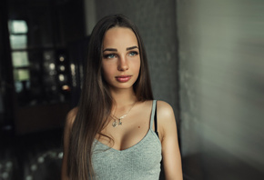 women, portrait, necklace, long hair, looking away, depth of field