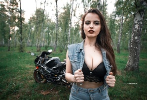 Maria Kooks, women, motorcycle, women outdoors, jean shorts, black bras, An ...