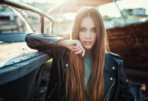 women, depth of field, Evgeny Freyer, portrait, leather jackets, long hair